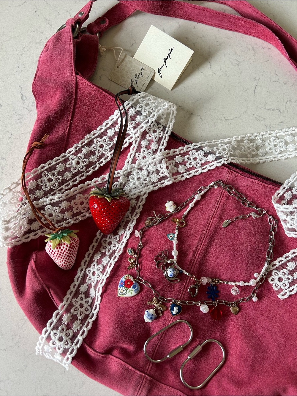 Free People Roma Suede Tote in Raspberry-Maxamillion, Strawberry Charms, & Scarf